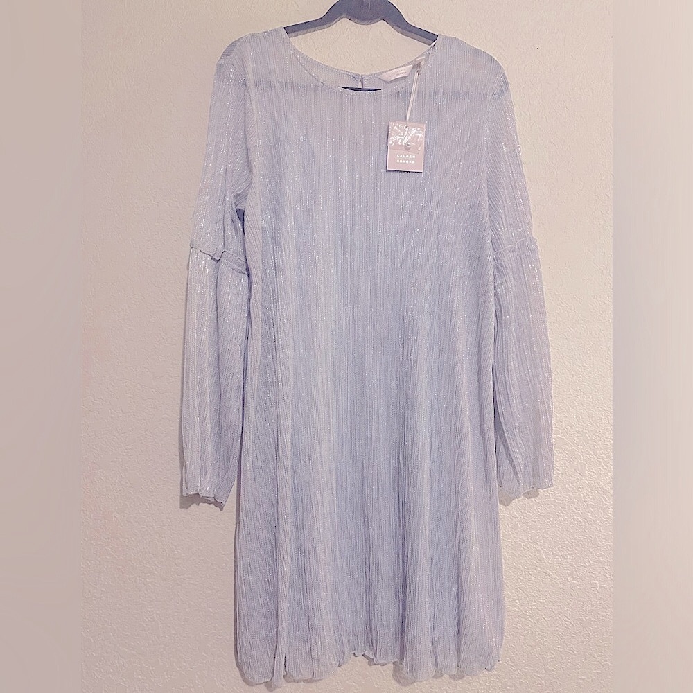 NWT Lauren Conrad pale gray with silver Long sleeved dress